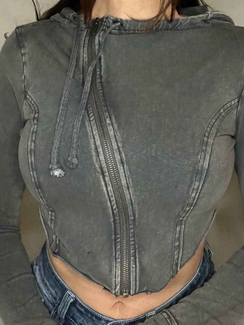 Urban Outfitters Charcoal Washed Cropped Zip-Up Hoodie